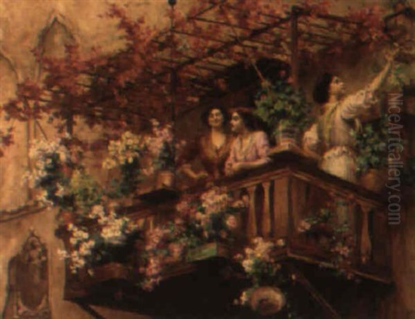 Young Beauties On A Flower-filled Balcony Oil Painting by Stefano Novo