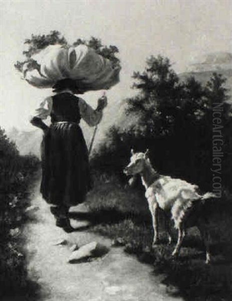 A Woman With A Goat Carrying A Bag Oil Painting by Stefano Novo