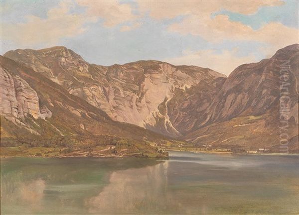 View Of Obertraun As Seen From Hallstatt Oil Painting by Johann Novopacky