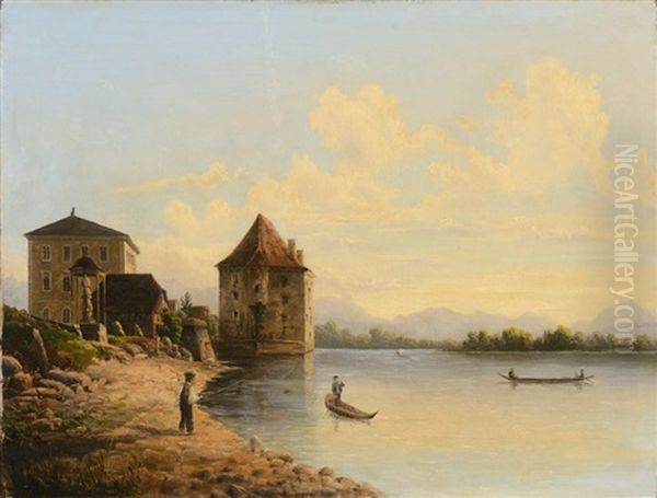 Castle On The River Oil Painting by Johann Novopacky