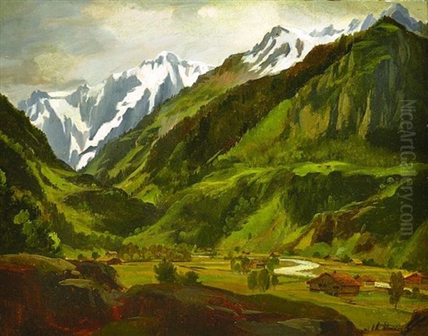 Village In The Alpine Valley Oil Painting by Johann Novopacky