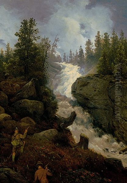 Wildbach Im Morgendlichen Licht, Seitlich 2 Bergsteiger Oil Painting by Johann Novopacky