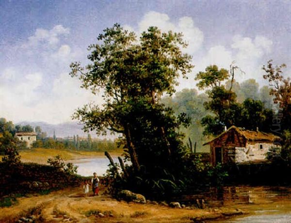 Sommerliche Fluslandschaft Mit Reetgedeckter Kate Oil Painting by Johann Novopacky