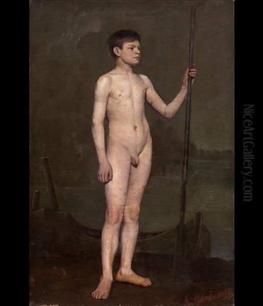 Boy With An Oar Oil Painting by Alexander Nikranovich Novoskoltsev