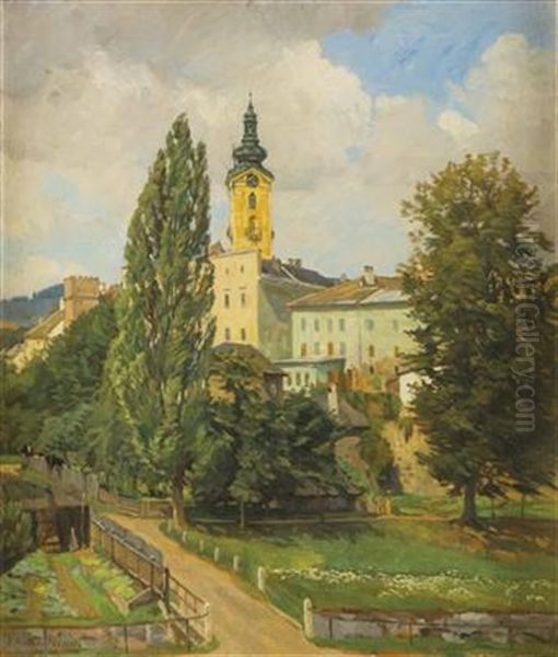 Motiv Aus Freistadt Mit Wehrturm Und Kirche Oil Painting by Anton Nowak