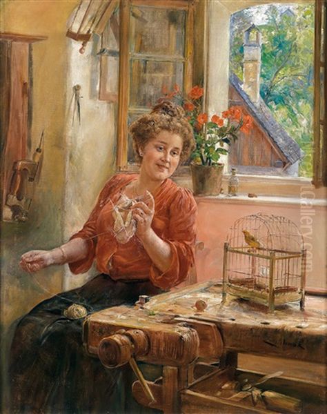 Strickende Dame Am Fenster Mit Kanarienvogel Oil Painting by Ernst Nowak