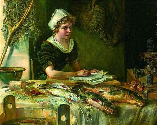 Eine Junge Fischverkauferin Macht Sich Notizen Oil Painting by Ernst Nowak