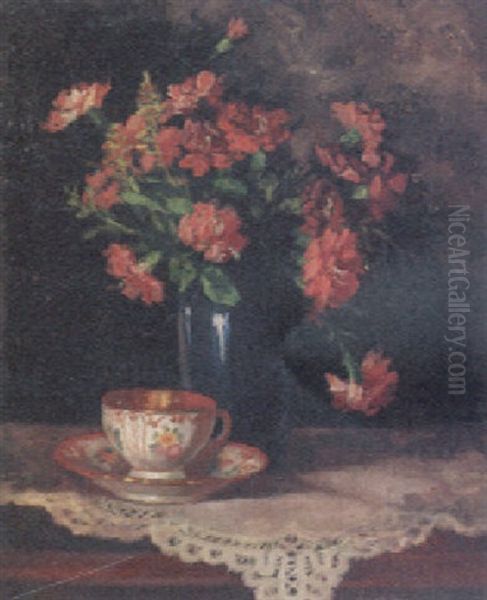 Flowers In A Blue Vase With A Cup And Saucer Oil Painting by Ernst Nowak