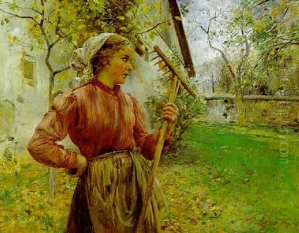 Bauermadchen Bei Der Gartenarbeit Oil Painting by Ernst Nowak