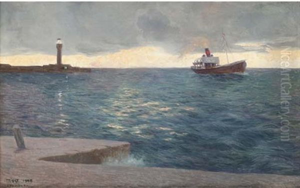 A Steamer At Trieste Lighthouse, Dusk Oil Painting by Otto Robert Nowak