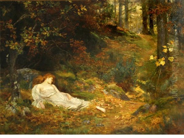 The Sleeping Damsel (una And The Lion) Oil Painting by Arthur Trevithin Nowell