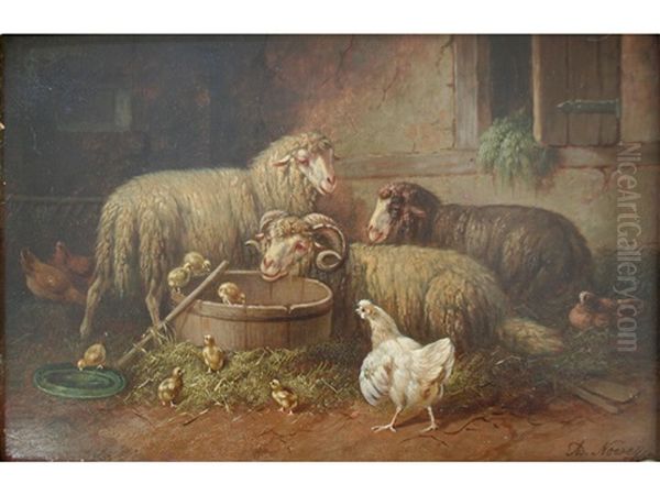 Sheep And Poultry In A Yard Oil Painting by Arthur Trevithin Nowell