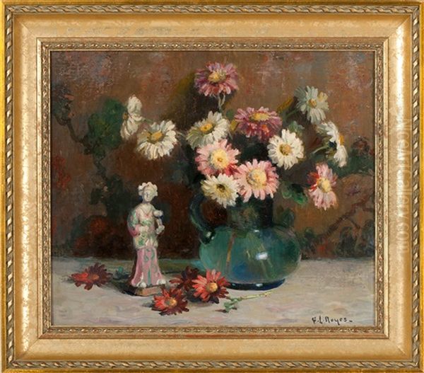 Still Life Of Flowers And A Chinese Figure Oil Painting by George L. Noyes