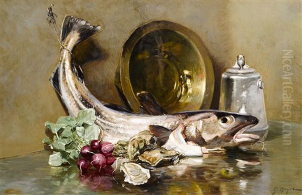 Still Life With Fish And Radishes Oil Painting by George L. Noyes