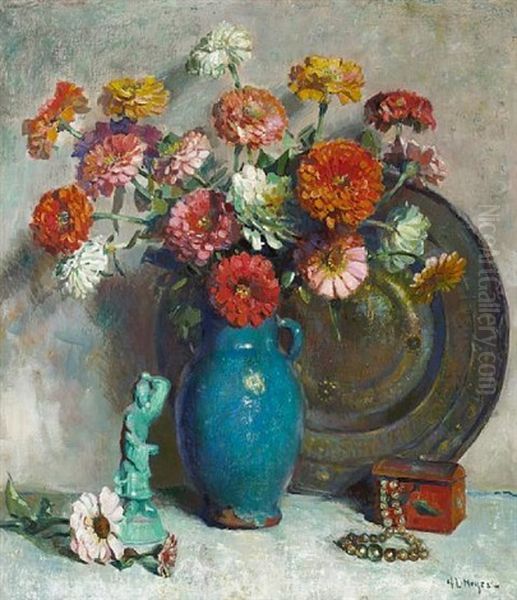 Zinnias Oil Painting by George L. Noyes