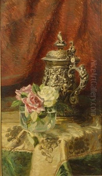 Still Life With Roses And Silver Tankard Oil Painting by George L. Noyes