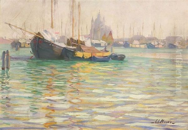 Moored Boats - Venice Oil Painting by George L. Noyes