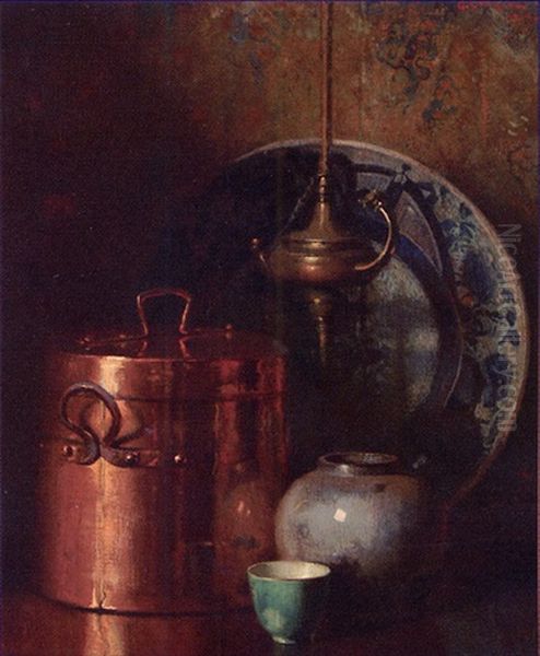 Still Life - Copper Covered Pot, Whale Oil Lamp And Porcelain Oil Painting by George L. Noyes