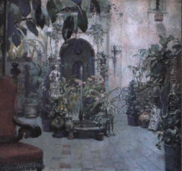 Interior Courtyard With Fountain Oil Painting by George L. Noyes