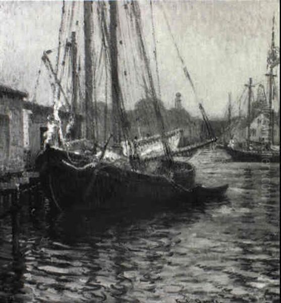 Gloucester Harbor And Fishing Schooner Oil Painting by George L. Noyes