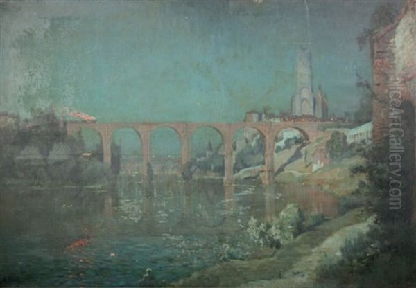 Chemin De Fer, La Nuit, Sur Le Pont D'albi Oil Painting by Alexandre Nozal