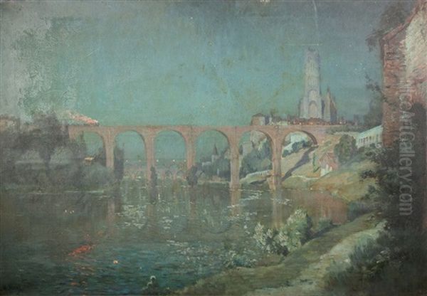 Chemin De Fer, La Nuit, Sur Le Pont D'albi Oil Painting by Alexandre Nozal