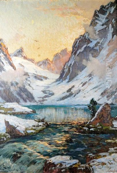 Lac De Montagne Au Soleil Couchant Oil Painting by Alexandre Nozal