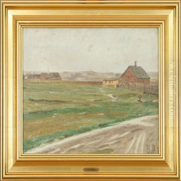 A Jutlandic Landscape With Houses. Signed K. B. 1910 Oil Painting by Kristen Bjerre