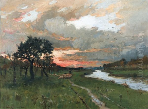 Flusslandschaft Mit Schafherde Im Abendrot Oil Painting by Alexandre Nozal