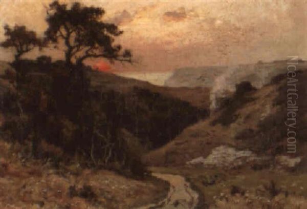 A Valley Leading To The Sea At Sunset Oil Painting by Alexandre Nozal