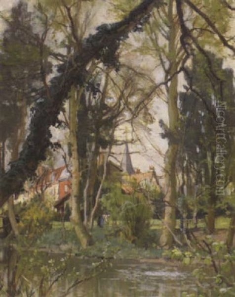 Blick Vom Ufer Eines Kleinen Flusses Auf Kirchdorf Oil Painting by Alexandre Nozal