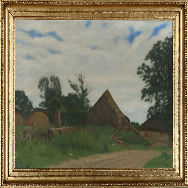 Houses At A Village Road Oil Painting by Niels Bjerre