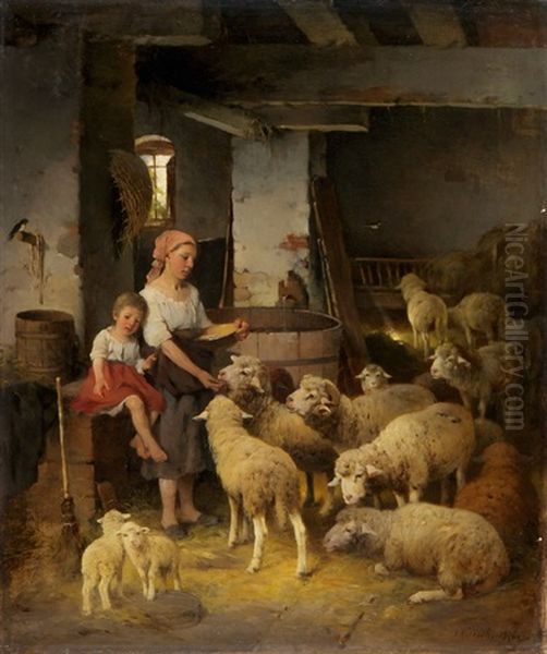 Beim Futtern Der Schafe Oil Painting by Johann Jakob Nueesch