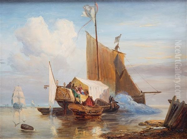 A Ceremonial Ship Saluting Oil Painting by Wijnand Nuijen