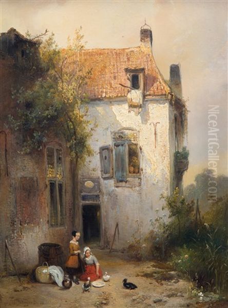 A Sunlit House With Two Girls Feeding The Ducks Oil Painting by Wijnand Nuijen