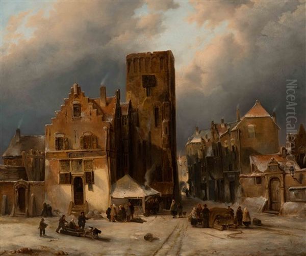 Snow-covered Church Square With Figures Oil Painting by Wijnand Nuijen