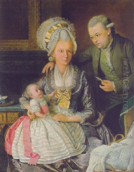 Group Portrait Of A Gentleman And His Wife With Their Child In An Interior With A Cradle By Their Side Oil Painting by Hermanus Numan