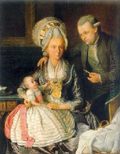 Group Portrait Of A Gentleman And His Wife With Their Child In An Interior Oil Painting by Hermanus Numan