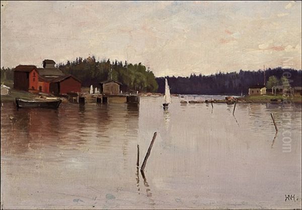 The Old Harbour Of Hamina In The Oil Painting by Helga Maria Numell-Hohethal