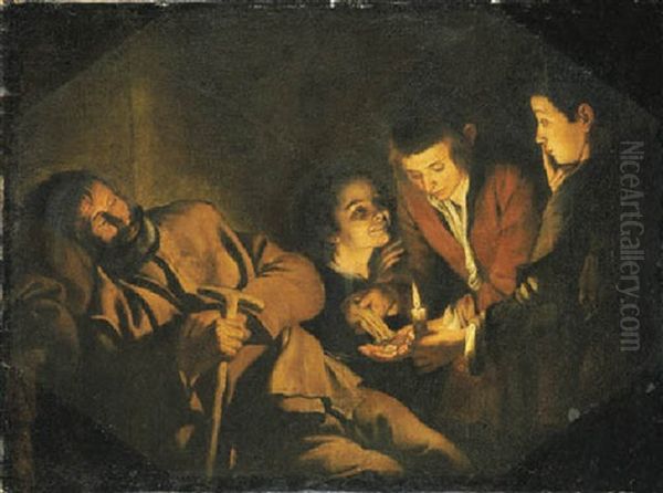 Boys Robbing A Sleeping Old Man By Candlelight Oil Painting by Pedro Nunez De Villavicencio