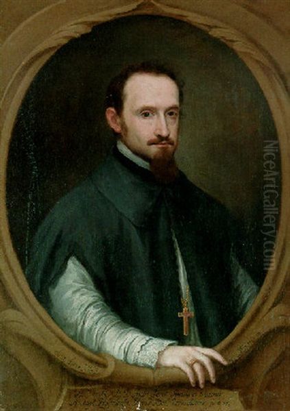 Portrait Of The Archbishop Of Seville, Don Ambrioio De Spinola (d.1684) In Clerical Costume In A Sculpted Oval Oil Painting by Pedro Nunez De Villavicencio