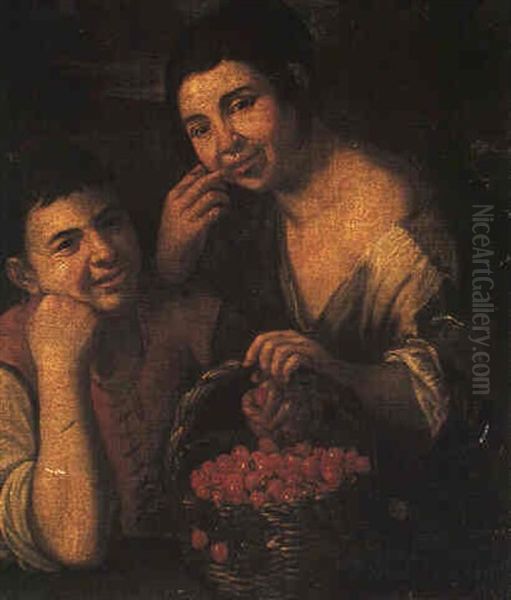 Two Peasant Children With A Basket Of Cherries Oil Painting by Pedro Nunez