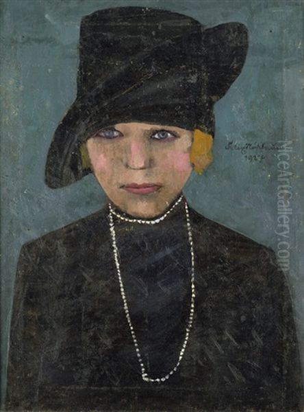 Junge, Rotblonde Frau In Schwarz Mit Hut Und Perlenkette Oil Painting by Felix Nussbaum