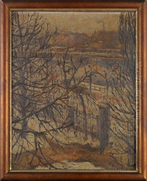 Winter Cityscape With A View Through Bare Trees Across A River Oil Painting by Jakob Nussbaum