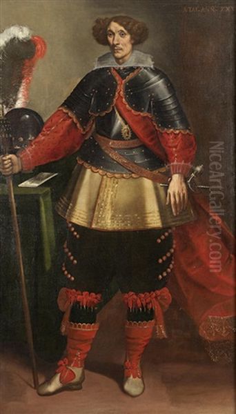 Portrait Of A Gentlemen In Armor, Standing, Holding A Staff, His Helmet And A Letter On A Draped Table Beside Him Oil Painting by Carlo Francesco Nuvolone