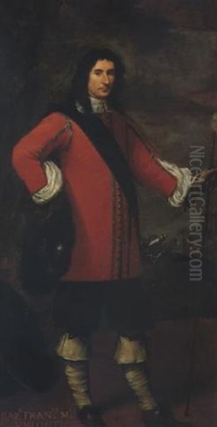 Ritratto Del Capitano Francesco Maria Visconti In Abito Rosso, Con Un Paesaggio Sullo Sfondo Oil Painting by Carlo Francesco Nuvolone