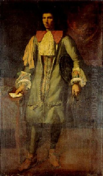 Portrait Of Count Flaminio Crivelli, Full Length, In A Lace Jabot, Waistcoat And Grey Coat Oil Painting by Carlo Francesco Nuvolone