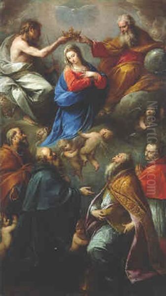 The Coronation Of The Virgin With Saints Peter, Paul, Ambrose And Charles Borromeo Oil Painting by Carlo Francesco Nuvolone