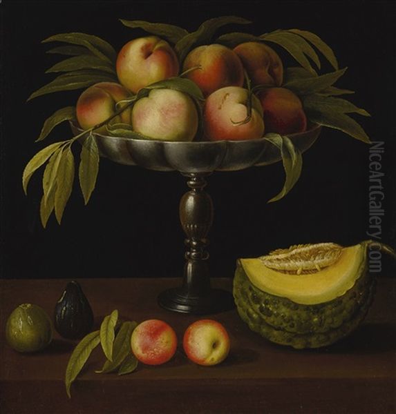 Still Life With A Raised Stand, Peaches, Figs, And A Pumpkin, All On A Marble Ledge Oil Painting by Panfilo Nuvolone