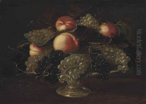 Peaches And Black And White Grapes On A Gold, Footed Plate Oil Painting by Panfilo Nuvolone